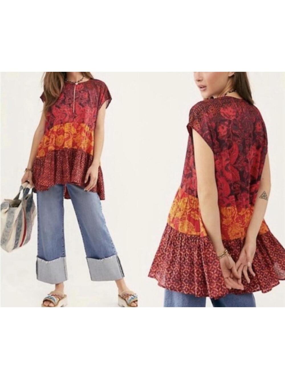 Free People Tiered Tunic Pink and Orange Flowy Top Sz Sm EUC